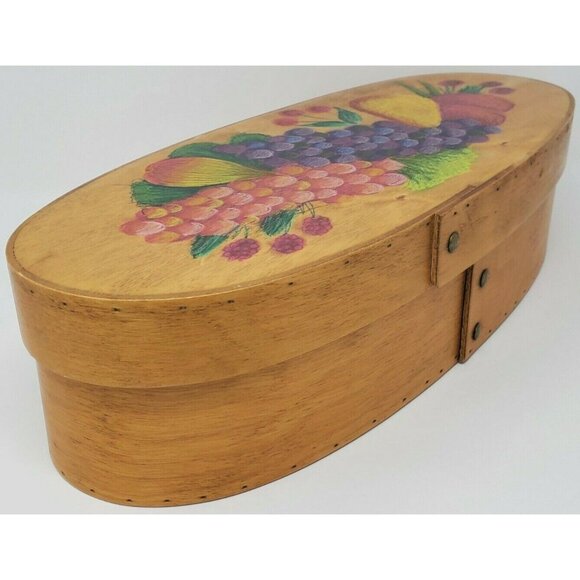 Vintage Bamboo Oval Storage Box Hand Painted Fruit Design Signed 16" Tole Decor - Picture 7 of 10